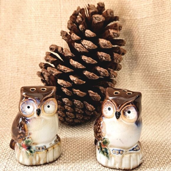 Vintage Salt Glazed Brown & Cream Ceramic Owl Salt & Pepper Shakers - Picture 1 of 10